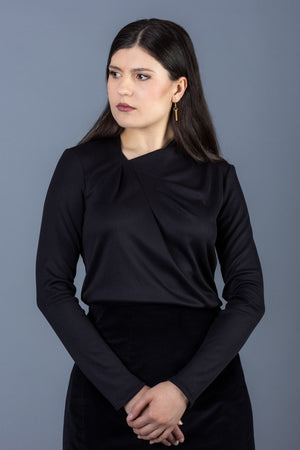 Forget-Me-Not Viola draped knit top pattern in black, close up front view