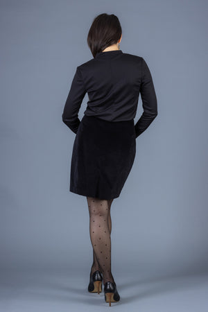 Forget-me-not Sabrina pencil skirt in black velvet, paired with Viola top in black, full back view.