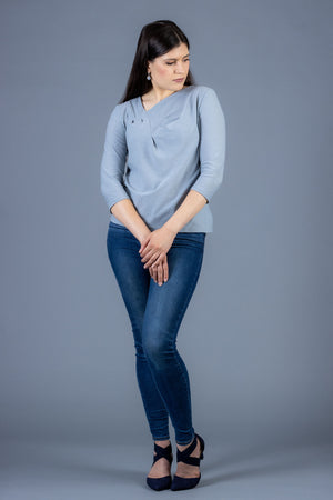 Forget-Me-Not Viola draped knit top pattern in light blue, full front view