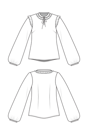 Helmi blouse line drawings, showing front and back view with stand collar and ruffles, with full length bishop sleeves
