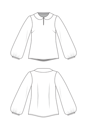 Helmi blouse line drawings, showing front and back view of peter pan collar, with three-quarter length bishop sleeves