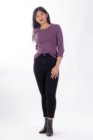Forget-Me-Not Iris pleated three quarter length sleeve tee pattern in dusky purple, full length front shot