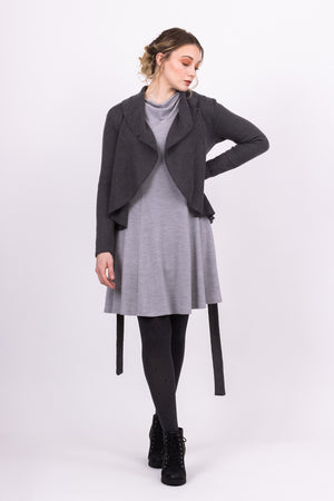 Short Kirsi cardigan in grey, worn open, with grey Clementine dress, front view