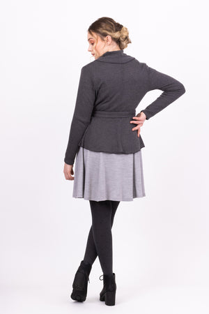 Short Kirsi cardigan in grey, with grey Clementine dress, back view