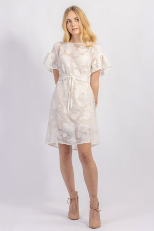 Forget-me-not Lola dress with ruffle sleeve and Gemma tie belt in sheer patterned silk, front view