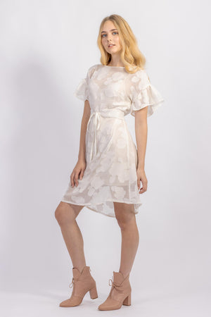Forget-me-not Lola dress with ruffle sleeve and Gemma tie belt in sheer patterned silk, three-quarter view