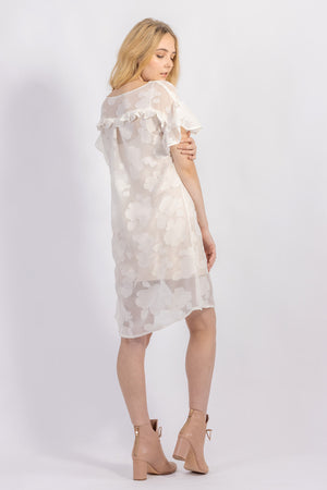 Forget-me-not Lola dress with ruffle sleeve in sheer patterned silk, back view