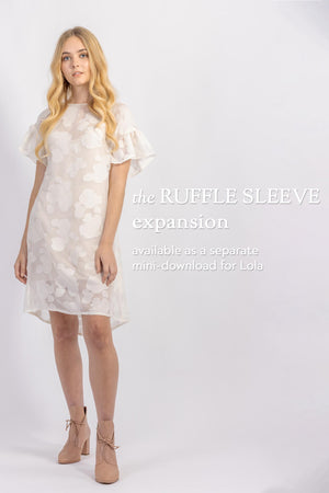 Forget-me-not Lola dress with ruffle sleeve in sheer patterned silk, front view