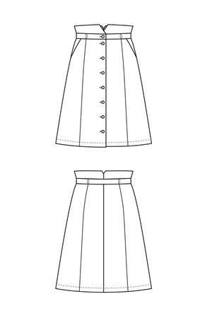 Line drawings of the Natalie gored skirt, A-line view with raised waistband, front and back