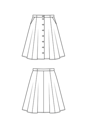 Line drawings of the Natalie gored skirt, flared view with plain waistband, front and back