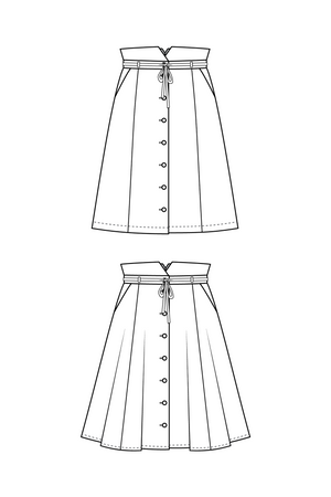 Line drawings of the Natalie gored skirt showing optional tie belt, A-line view front and flared view front