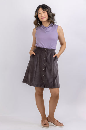 Sylvie top in lilac merino, sleeveless view with cowl, with Natalie gored skirt in grey cotton velveteen