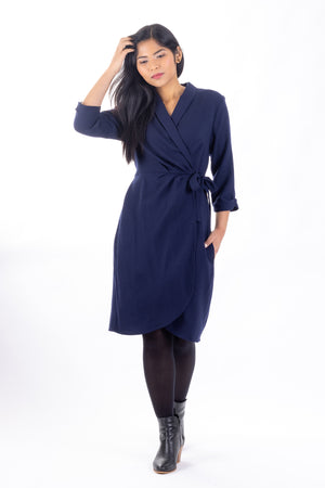 Forget-Me-Not Adeline wrap dress pattern: full length front view of dress