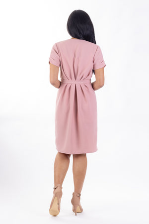 Forget-Me-Not Adeline wrap dress pattern: full length rear view of dress in pink