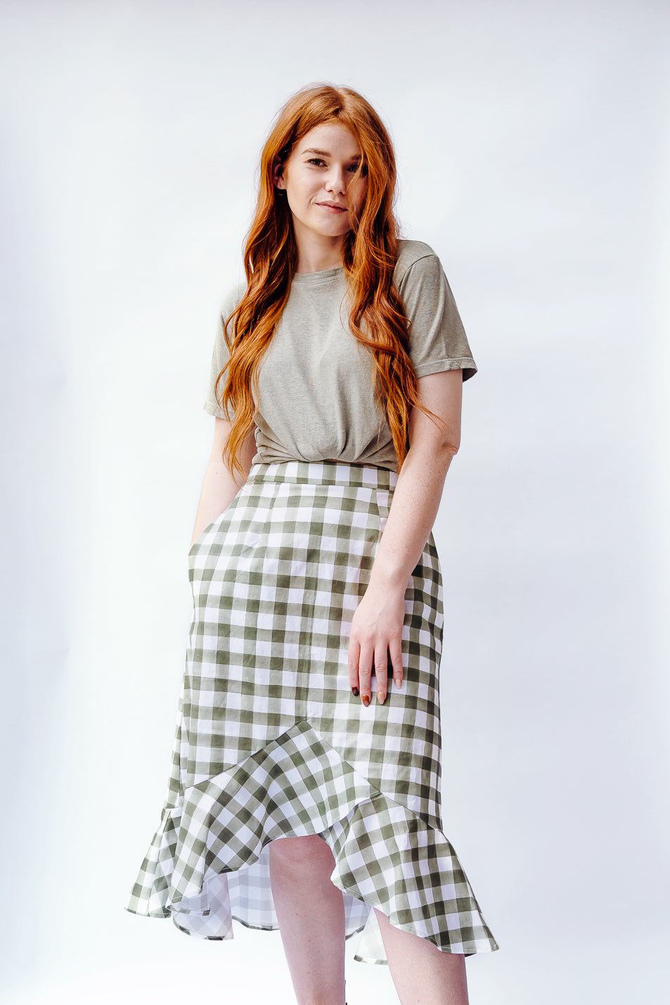The Rosalie skirt in green cotton gingham, front view