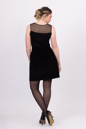 Sylvie knit top with black mesh contrast yoke, worn with Sabrina pencil skirt in velvet, back view