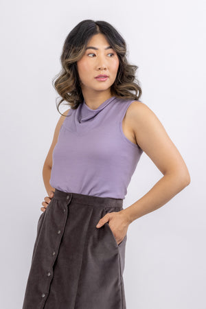 Sylvie top in lilac merino, sleeveless view with cowl, with Natalie skirt in cotton velveteen, close up of front view