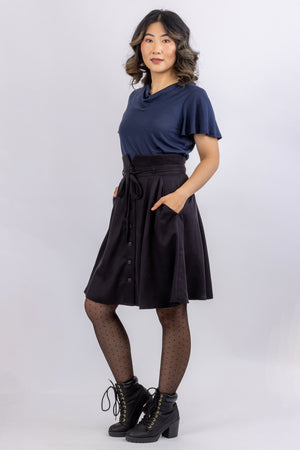 Sylvie knit top with cowl neck and flutter sleeve in navy with Natalie gored skirt in black