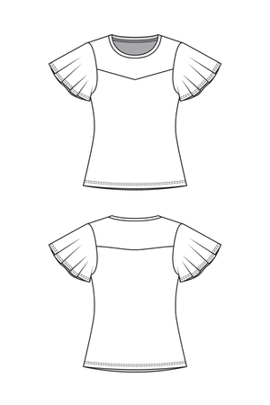 Sylvie top line drawings, flutter sleeve with round neck, front and back views