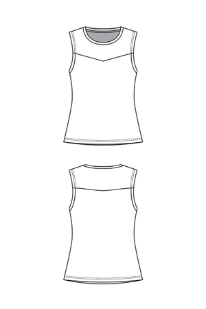 Sylvie top line drawings, sleeveless view with round neck, front and back views
