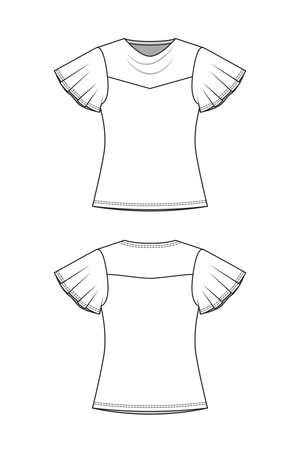 Sylvie top line drawings, flutter sleeve view with cowl neck, front and back views