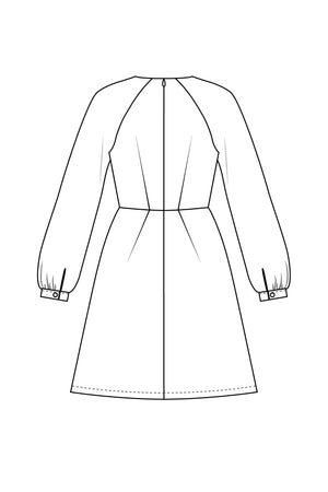 Forget-Me-Not Valerie long sleeve dress pattern, line drawing of rear view