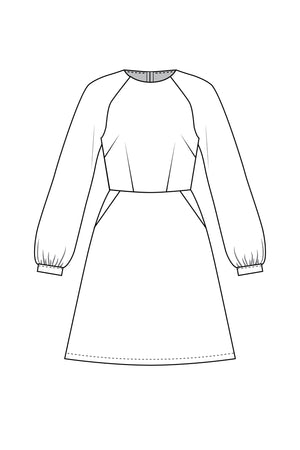 Forget-Me-Not Valerie long sleeve dress pattern, line drawing of front view