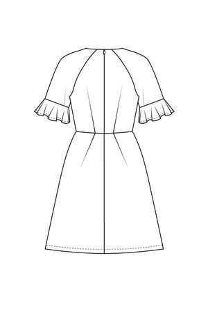 Forget-Me-Not Valerie flounce sleeve dress pattern, line drawing of rear view