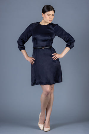 Forget-Me-Not Valerie three-quarter sleeve dress pattern in navy satin, full-length front shot highlighting sleeves