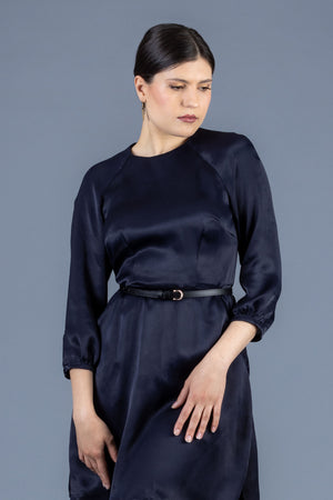 Forget-Me-Not Valerie three-quarter sleeve dress pattern in navy satin, close-up front shot
