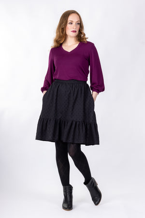 Forget-Me-Not Ella short skirt pattern in black, full-length front shot of model