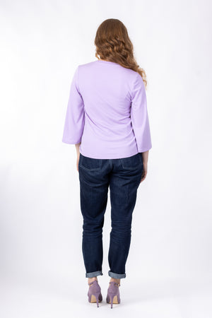 Scoop neck pattern expansion for Vera shirt, in lilac with wide three quarter sleeves, full rear view