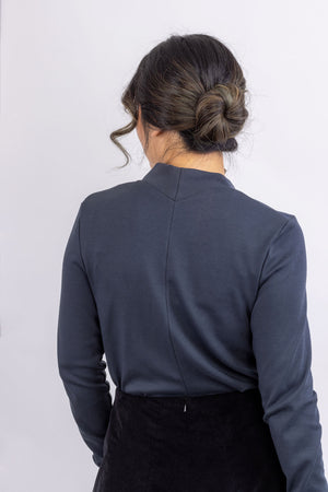Viola top in navy cotton interlock knit, close up back view