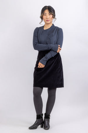 Viola top in navy cotton interlock knit, with black velvet Sabrina pencil skirt, front view