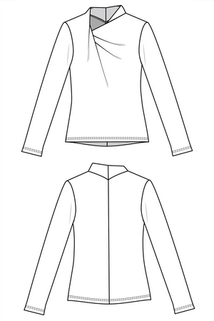 Line drawing of Forget-me-not Patterns Viola draped knit top, collar view, front and back