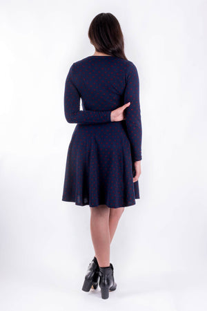 Forget-Me-Not Clementine long sleeved dress pattern, full length rear view, in navy.