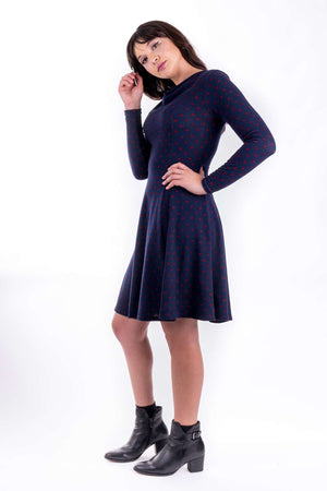Forget-Me-Not Clementine long sleeved dress pattern, full length side view, in navy.
