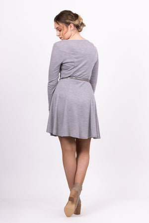 Clementine princess seam knit dress in grey merino with cowl, back view