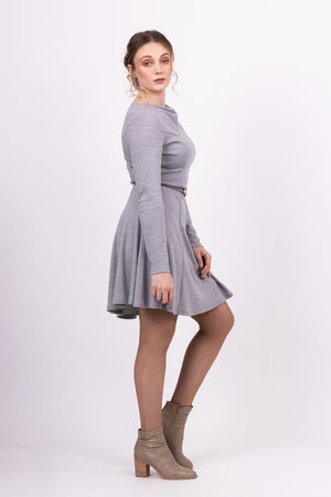 Clementine princess seam knit dress with cowl neck in grey, side view