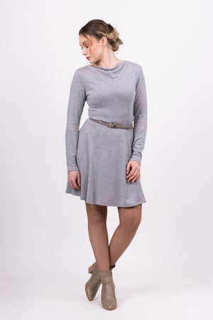 Grey Clementine princess seam knit dress with cowl, front view