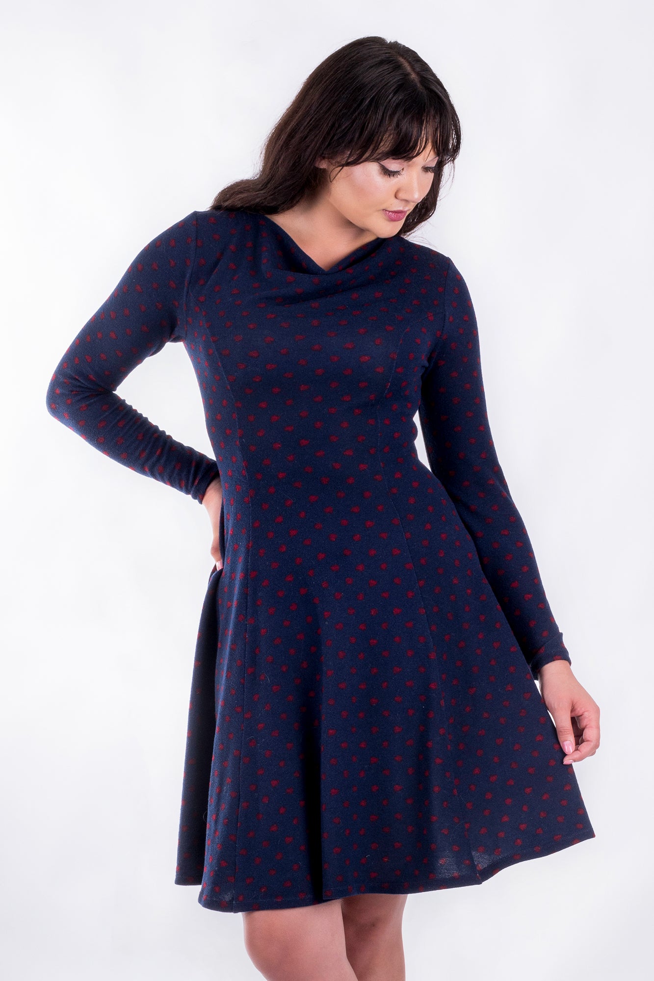 Forget-Me-Not Clementine three-quarter sleeved dress pattern, full length three quarters view, in magenta.