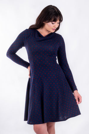 Forget-Me-Not Clementine long sleeved dress pattern, cropped front view, in navy.