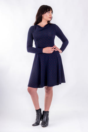 Forget-Me-Not Clementine long sleeved dress pattern, full length front view, in navy.