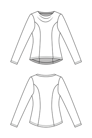 Forget-Me-Not Clementine long sleeved shirt pattern, line drawing, front and rear view.