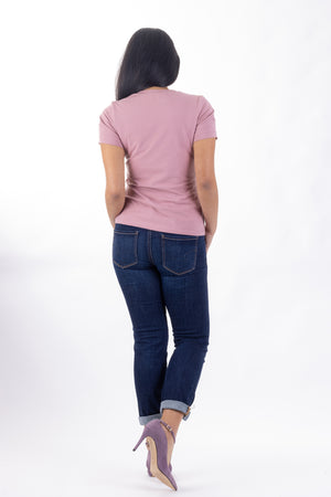 Forget-Me-Not Iris pleated tee pattern in dusky pink, full length rear shot