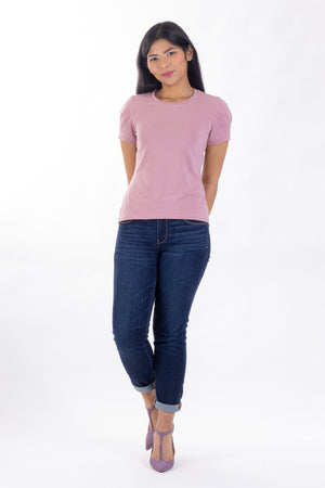 Forget-Me-Not Iris pleated tee pattern in dusky pink, full length front shot