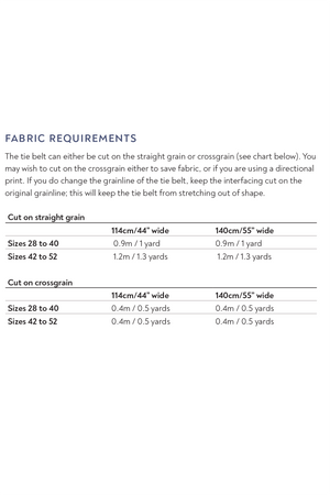 Fabric requirement chart for Forget-me-not Gemma tie belt pattern