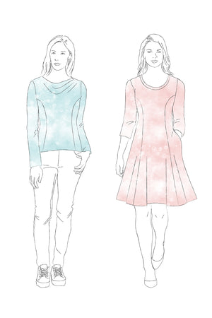 Forget-Me-Not Clementine long sleeved shirt and three quarter sleeve dress pattern, illustration, full front view.