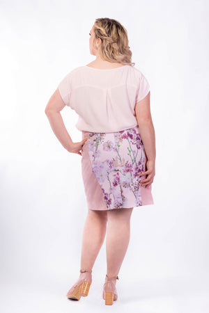 Forget-Me-Not Sabrina perfect fit short pencil skirt pattern in rose with floral panel, full length rear photo