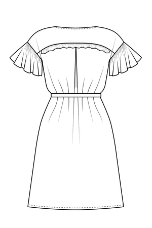 Forget-me-not Lola dress view with ruffle sleeve and boat neck, line drawing of bacl view